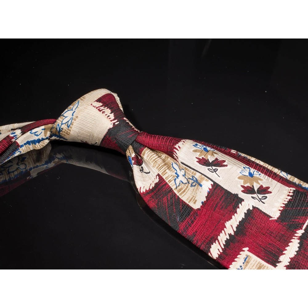 Vintage Guy Laroche Silk Tie Red Cream Floral Abstract Mens Designer Necktie